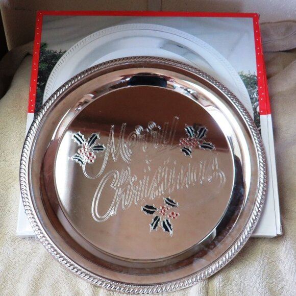 Silver Plated Hand Painted Merry Christmas Tray - Vintage 1992 - Picture 1 of 3